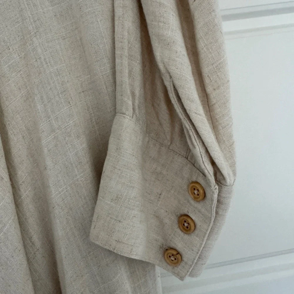 Anthropologie MoVint sz L Women Linen TieWaist Collared Button Dress Cottagecore - Picture 5 of 11